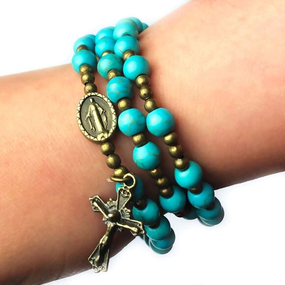 Turquoise Stone Catholic Rosary Bracelet for Women with Miraculous Medal Charm - Picture 4 of 6
